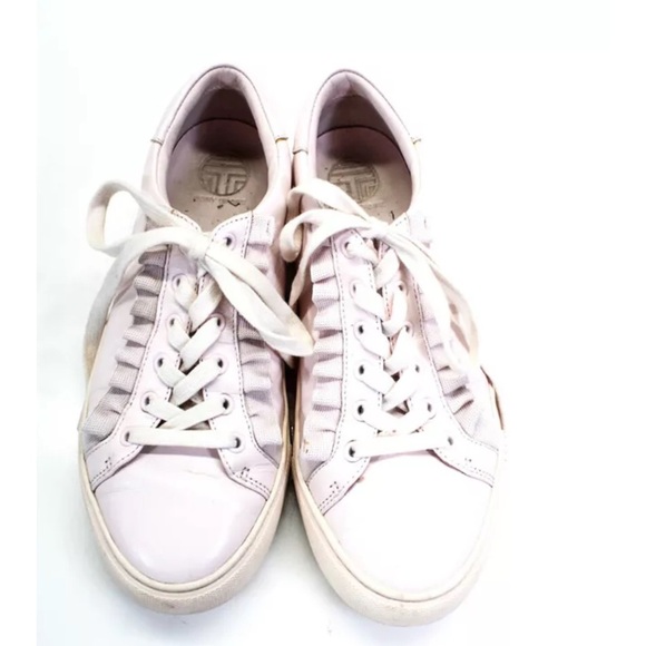 Tory Burch Sport Pink Leather Ruffle Trim Leather Sneakers, Sz 7 - Picture 1 of 4